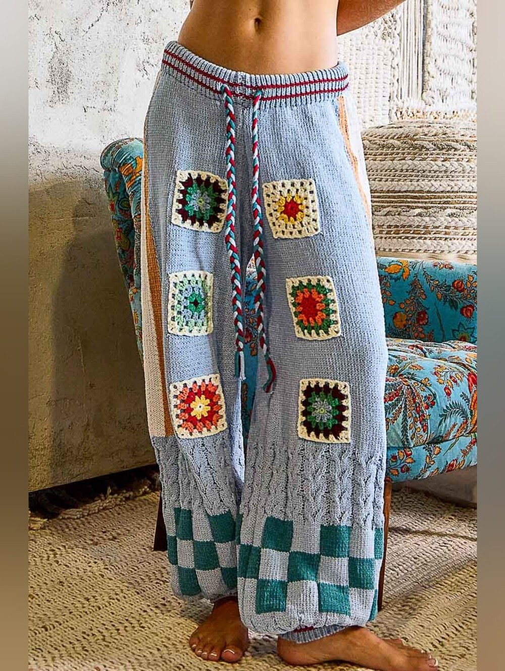 POL Crochet Granny Square Patch Wide Leg Chenille Sweater Cottagecore Joggers